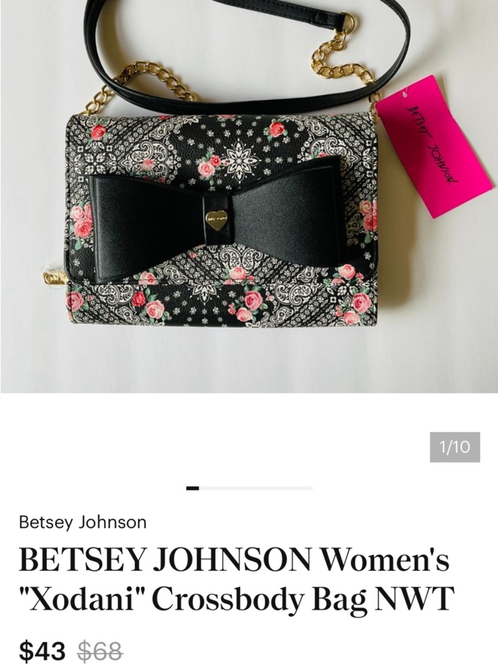 Betsey Johnson Black Floral Crossbody with Pink Rose Print and Bow - Picture 8 of 8